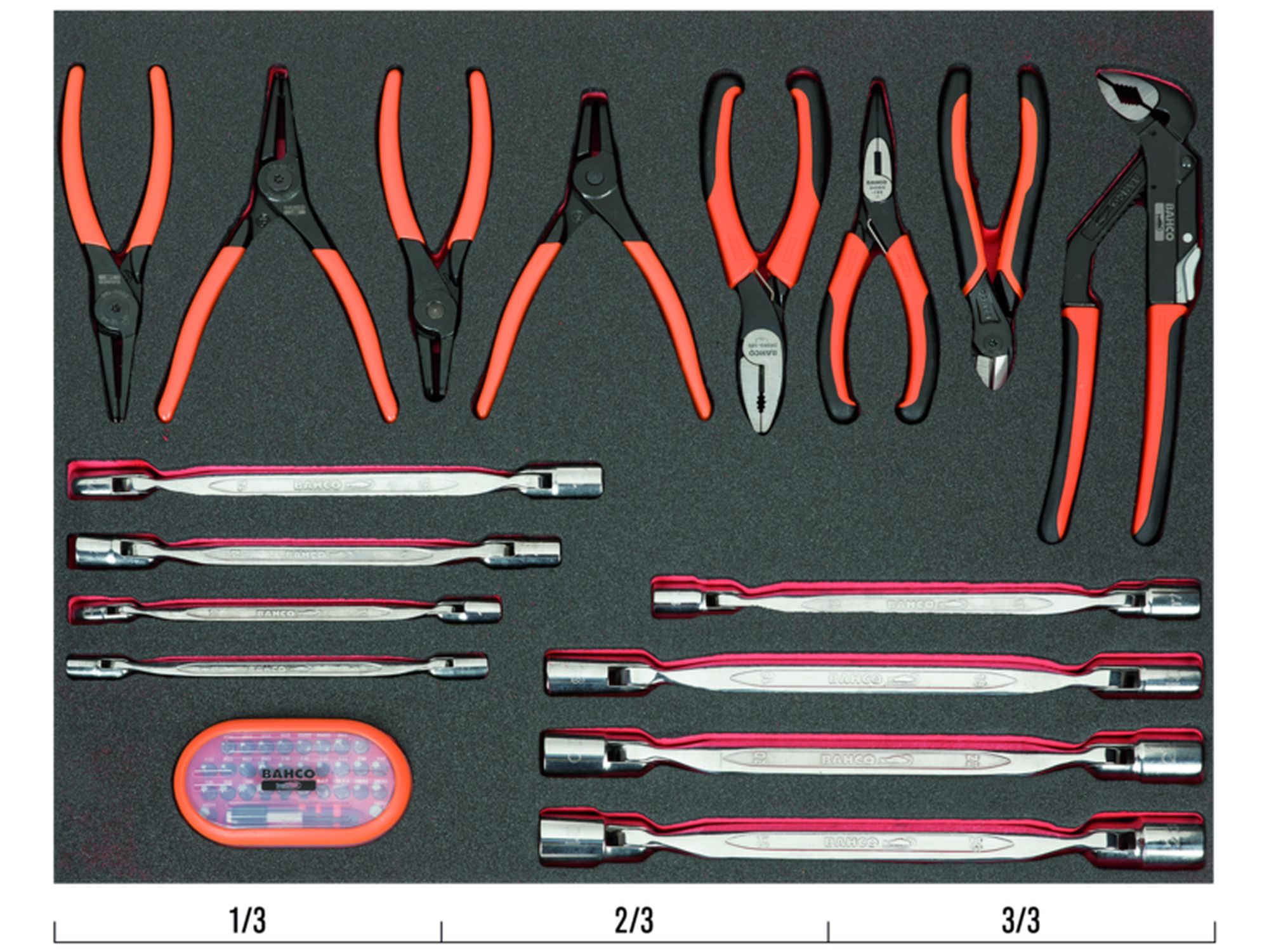 Juego de llaves y alicates variados en bandeja de foam 3/3 Fit&Go, 46 unidades