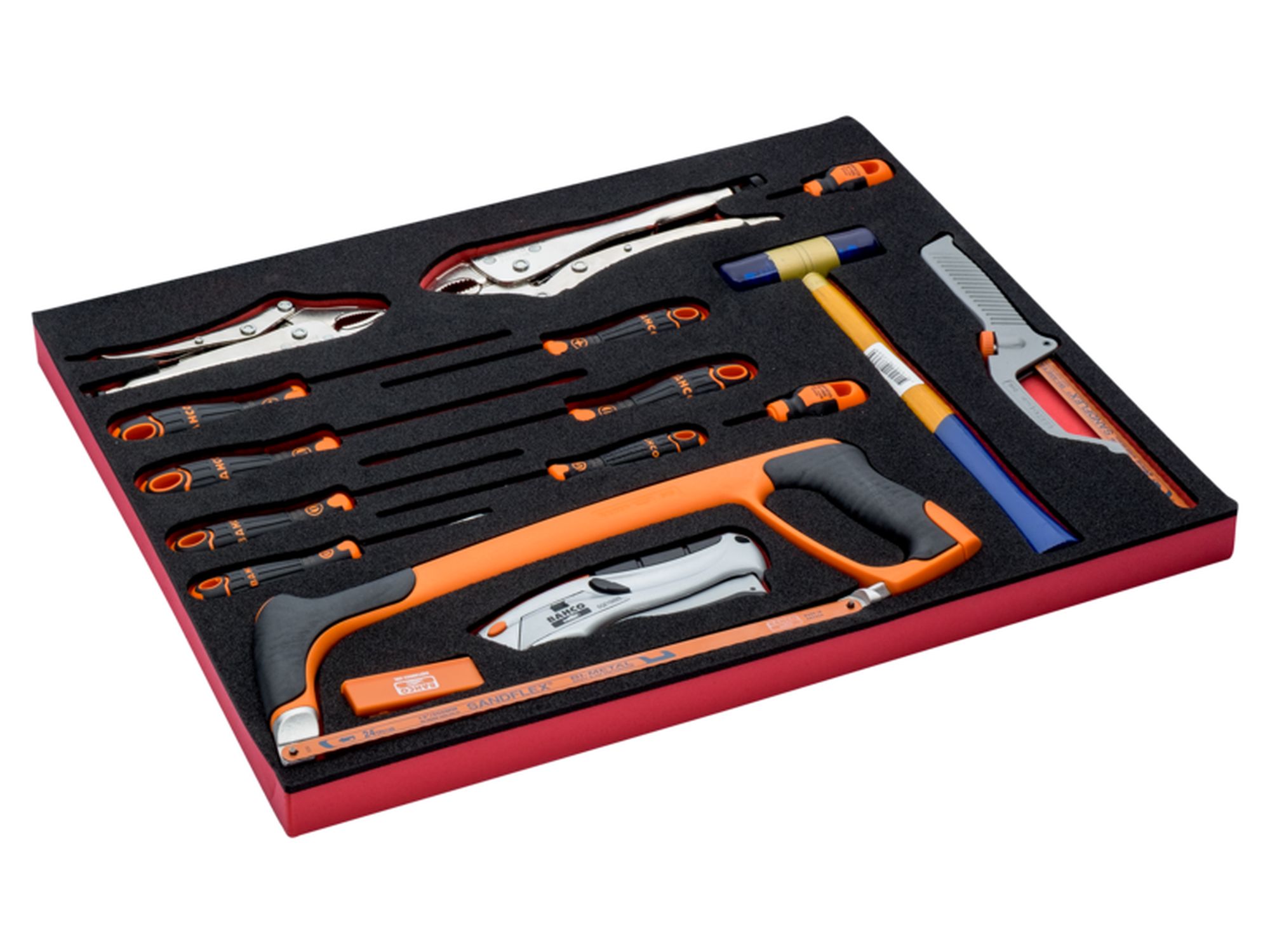 Juego de herramientas de corte y golpeo y destornilladores en bandeja de foam 3/3 Fit&Go, 16 unidades