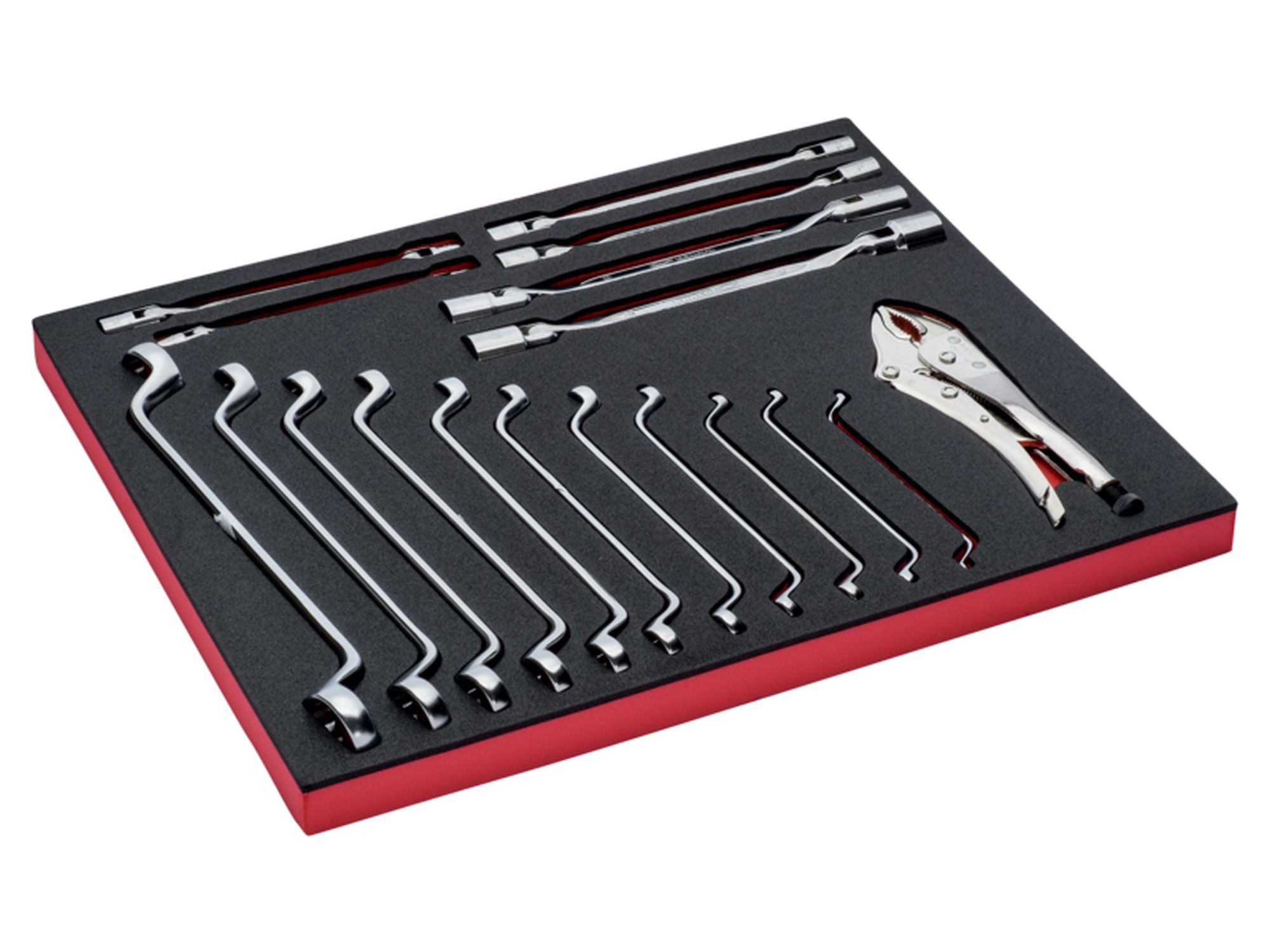 Juego de carraca con cabeza de vaso de dos bocas y llaves de vaso de dos bocas en bandeja de foam 3/3 Fit&Go, 18 unidades