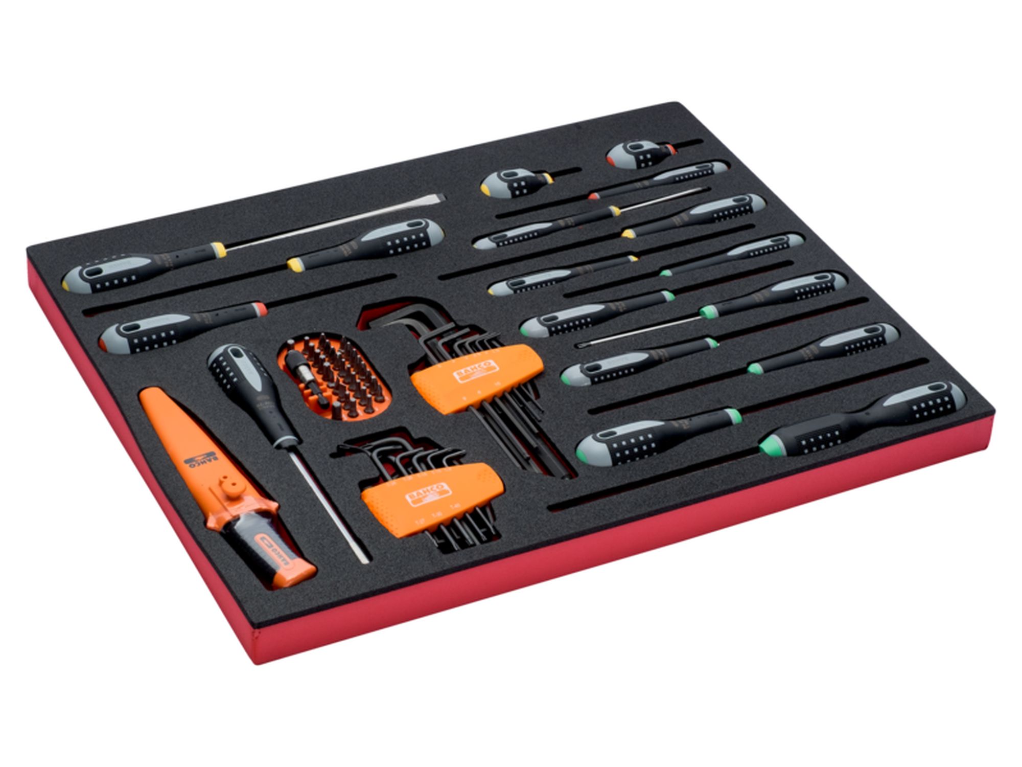 Juego de puntas, llaves acodadas y destornilladores en bandeja de foam 3/3 Fit&Go, 51 unidades