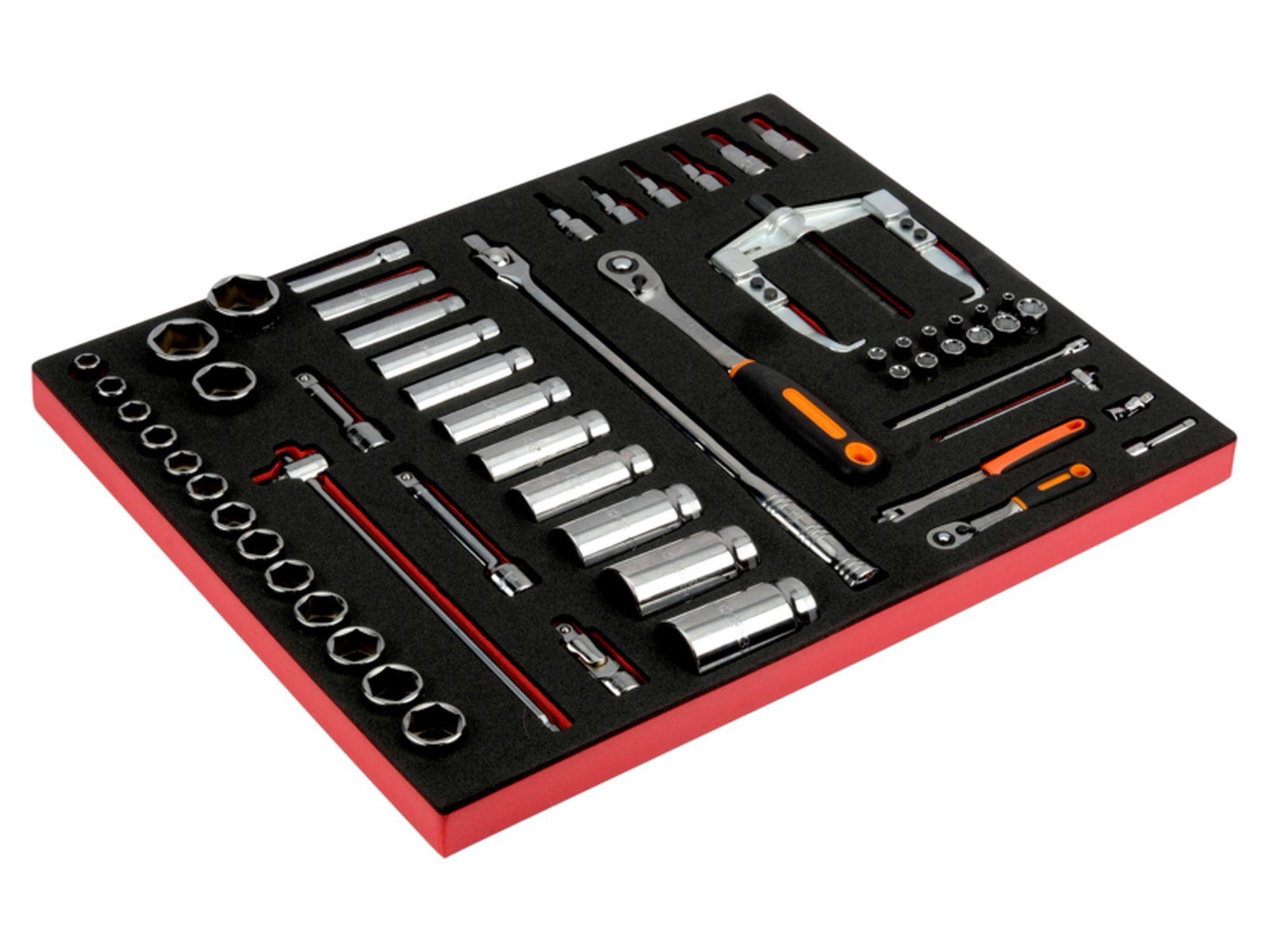 Juego de extractor, carraca con cabeza redonda y vasos en bandeja de foam 3/3 Fit&Go, 58 unidades