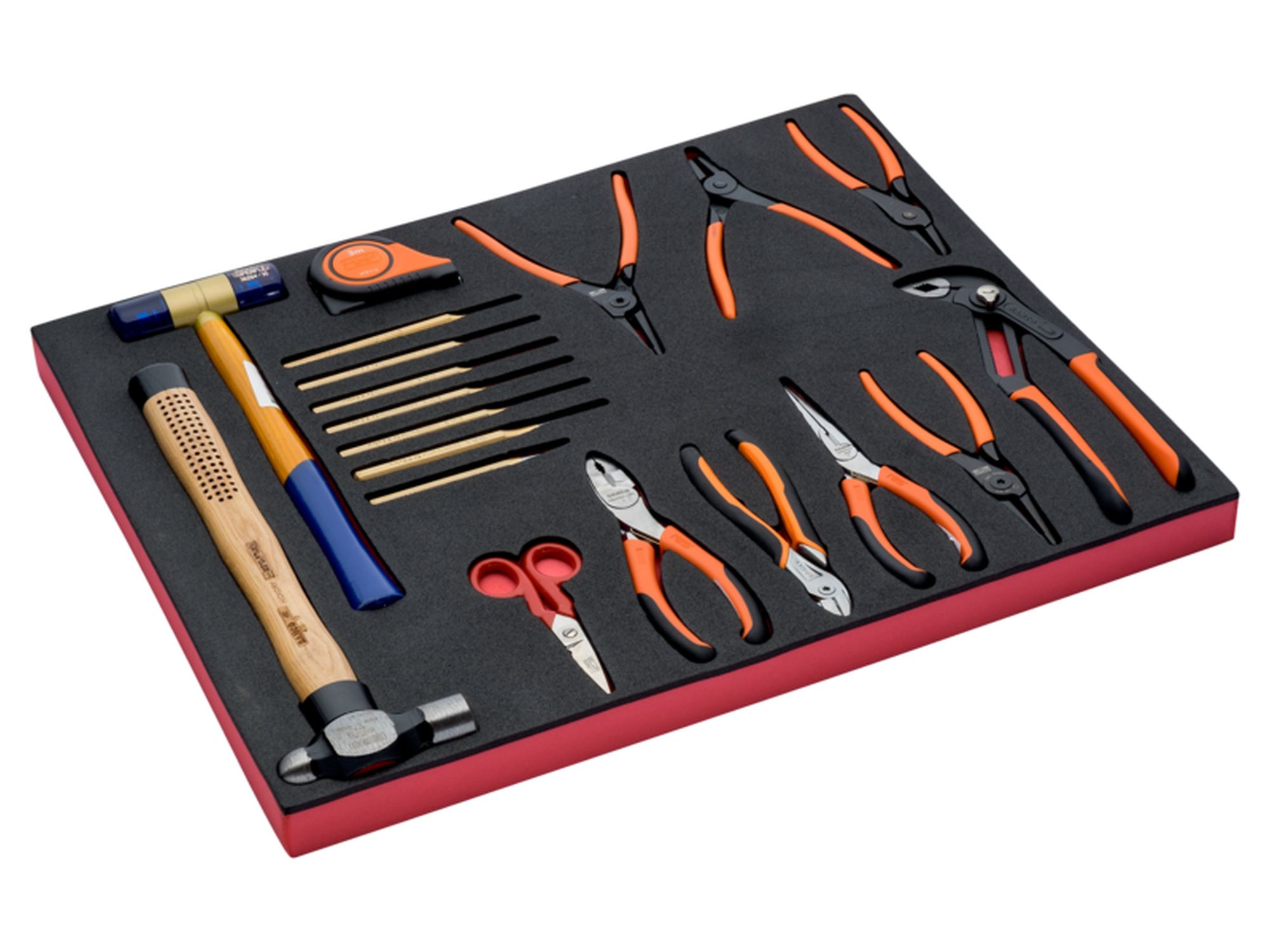 Juego de cinta métrica, herramientas de golpeo y alicates en bandeja de foam 3/3 Fit&Go (19 piezas)