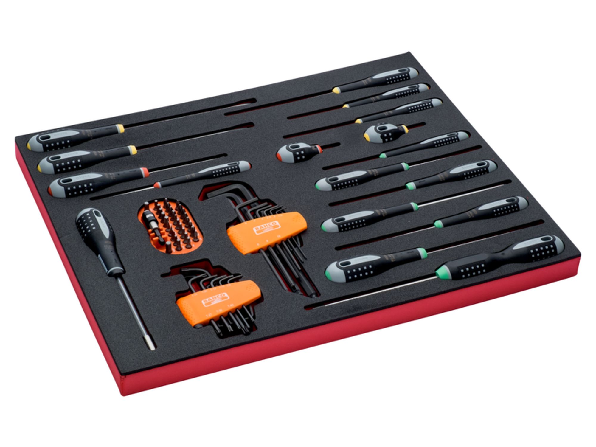 Juego de puntas, llaves acodadas y destornilladores en bandeja de foam 3/3 Fit&Go, 50 unidades