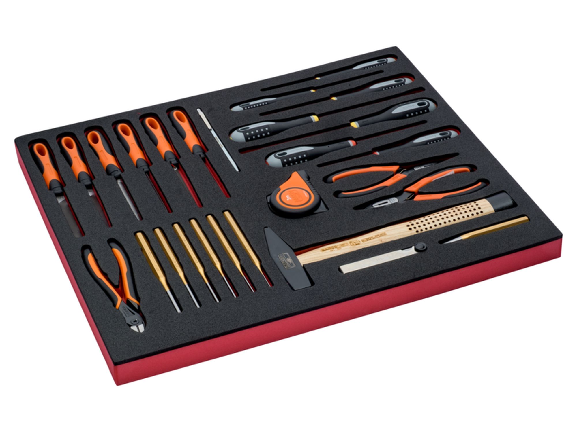 Juego de alicates, herramientas de golpeo, limas y destornilladores en bandeja de foam 3/3 Fit&Go, 27 unidades