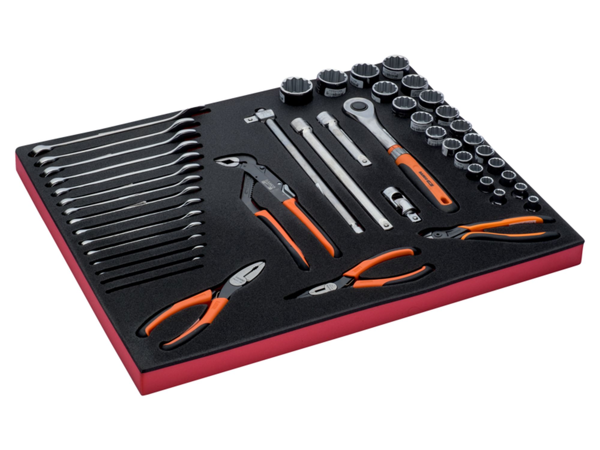 Juego de llaves, alicates y vasos en bandeja de foam 3/3 Fit&Go, 47 unidades