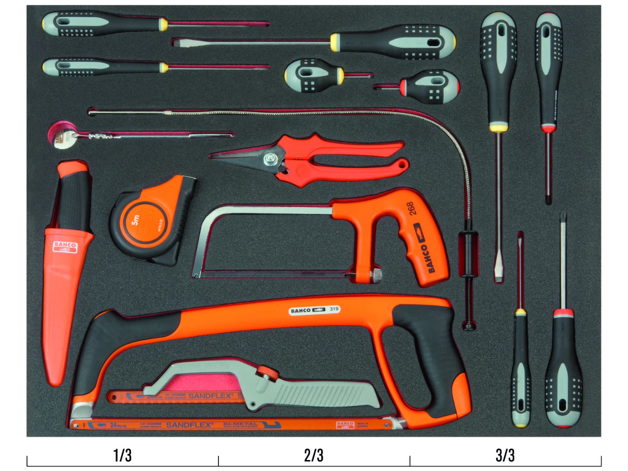 Juego de destornilladores y herramientas de corte en bandeja de foam 3/3 Fit&Go, 16 unidades