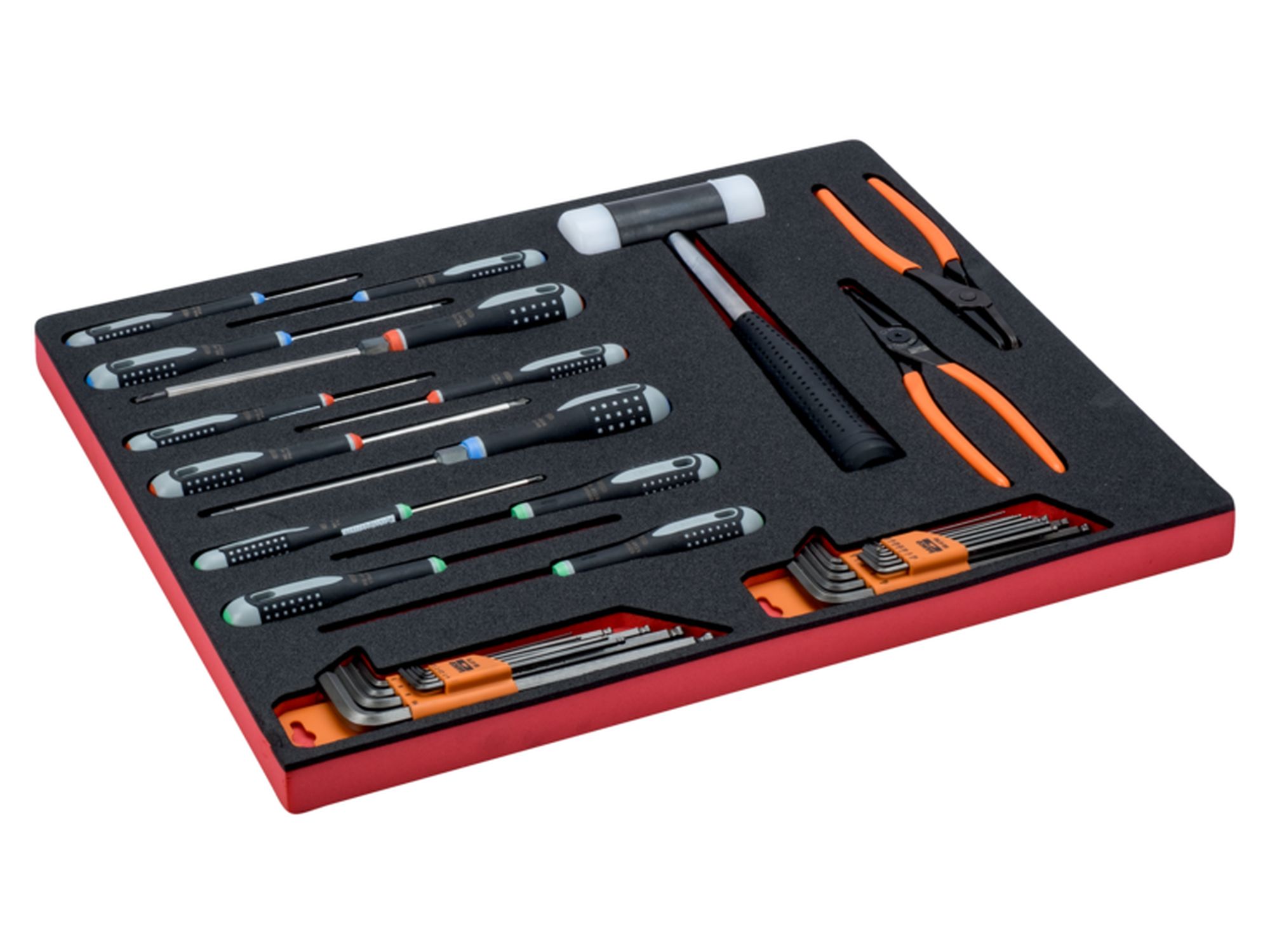 Juego de destornilladores y llaves acodadas en bandeja de foam 3/3 Fit&Go, 38 unidades