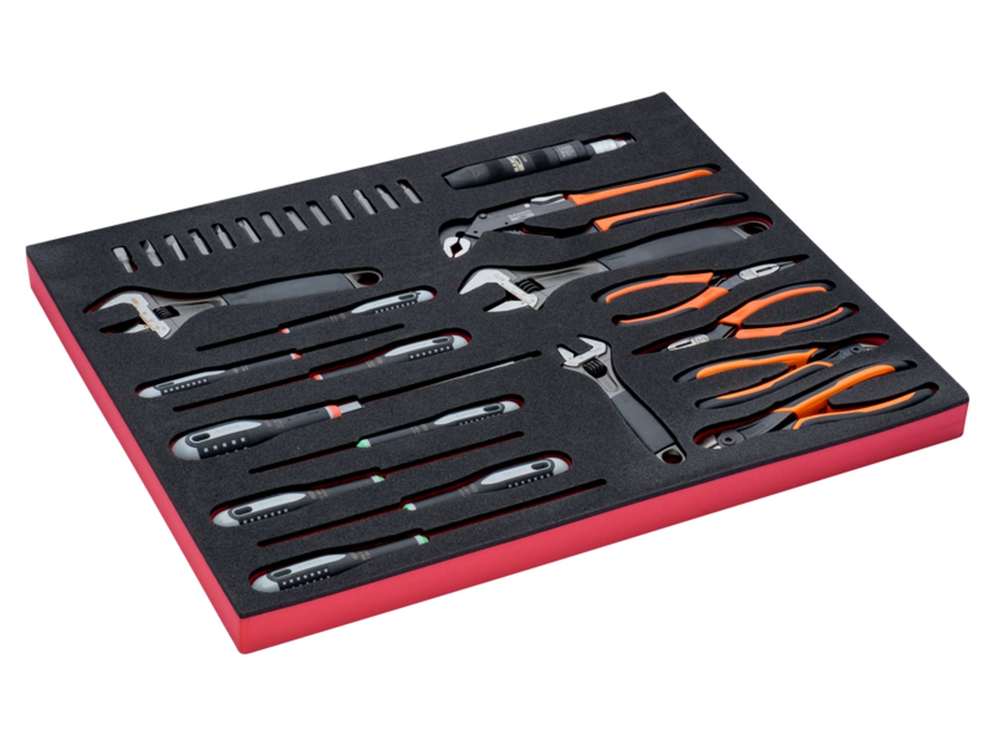 Juego de alicates, llaves y destornilladores en bandeja de foam 3/3 Fit&Go (28 piezas)