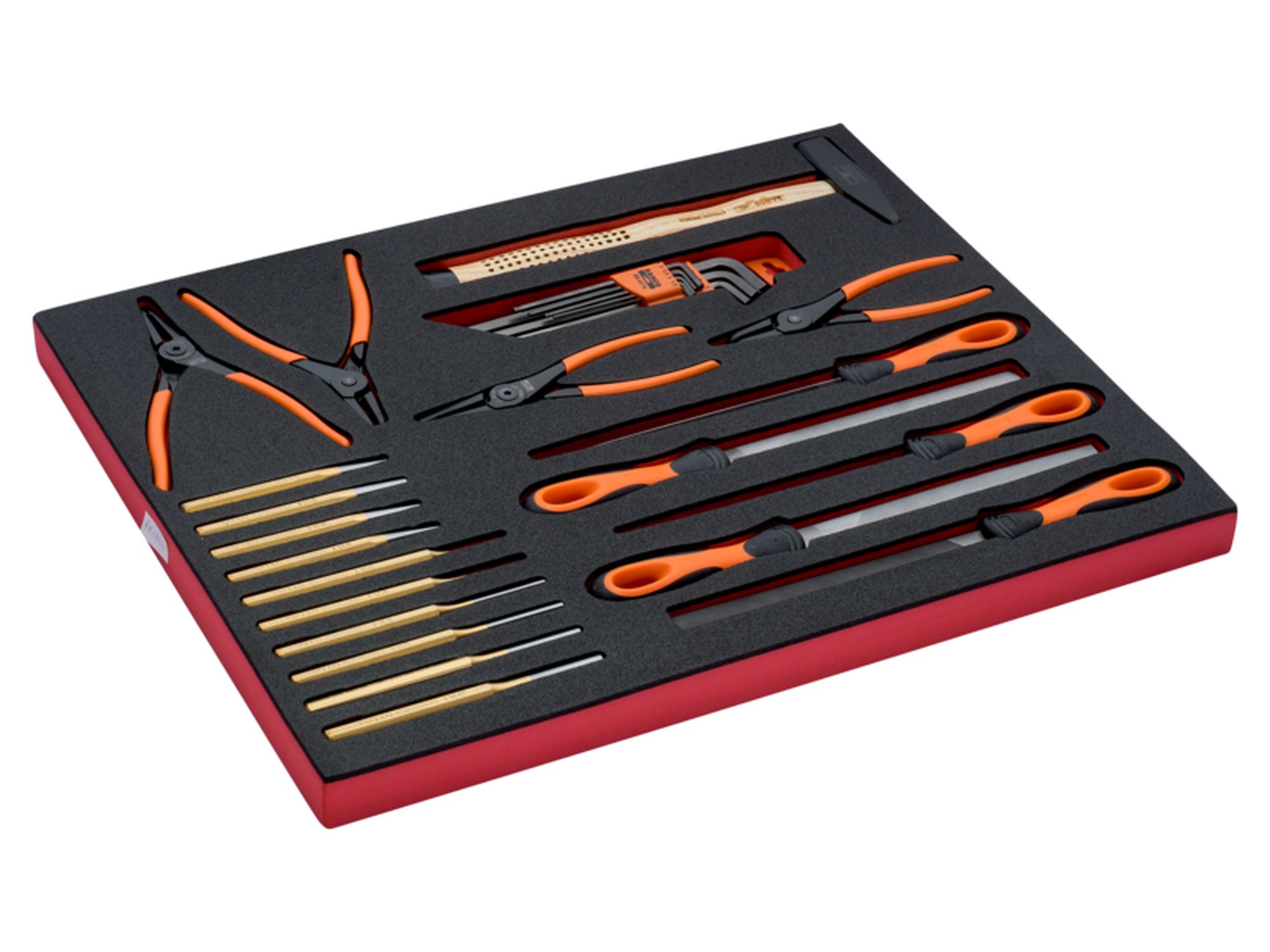 Juego de llaves hexagonales, alicates para arandelas, herramientas de golpeo y limas en bandeja de foam 3/3 Fit&Go (30 piezas)