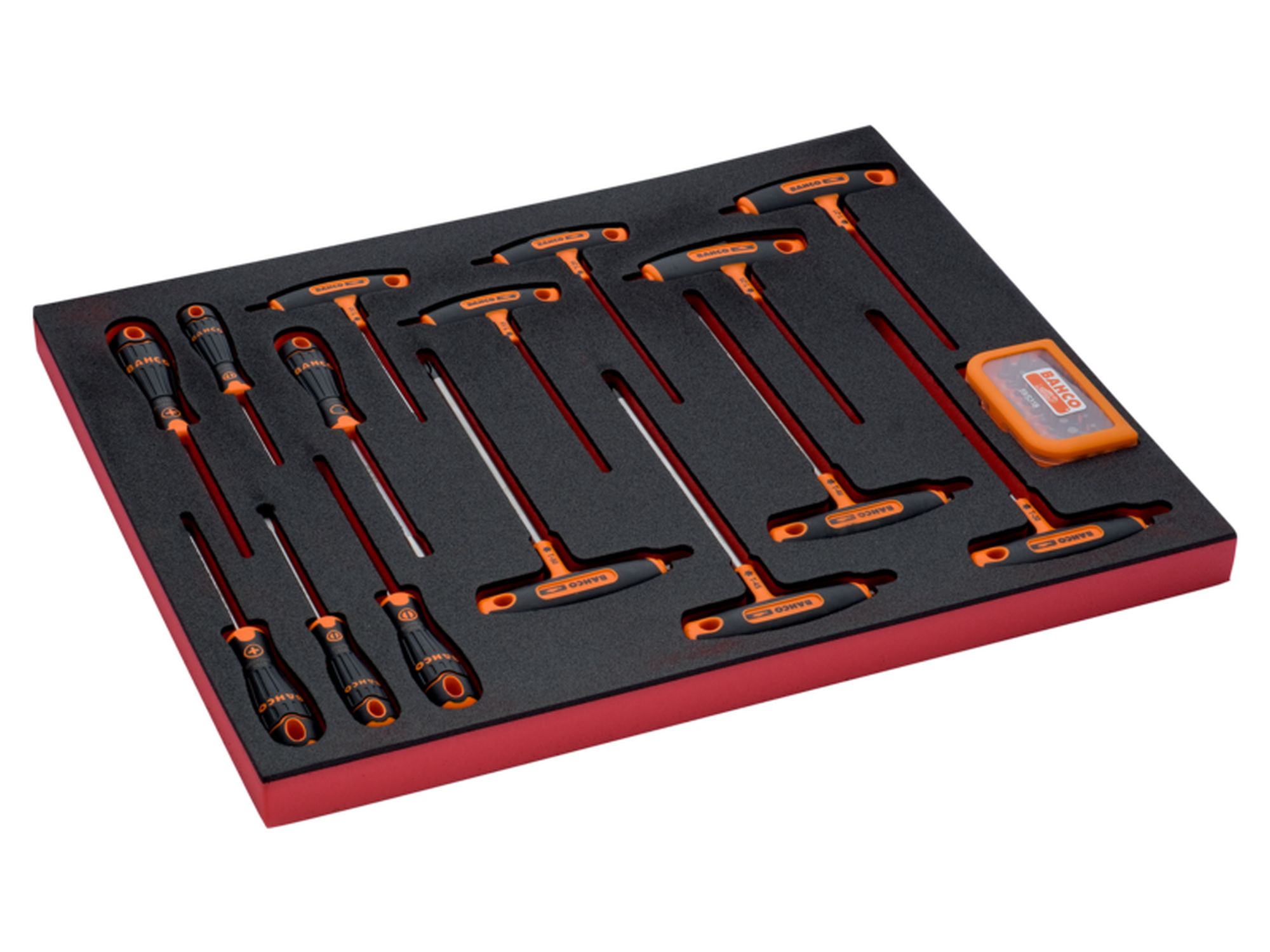 Juego de destornilladores con mango en T, Phillips y ranurados en bandeja de foam 3/3 Fit&Go (45 piezas)