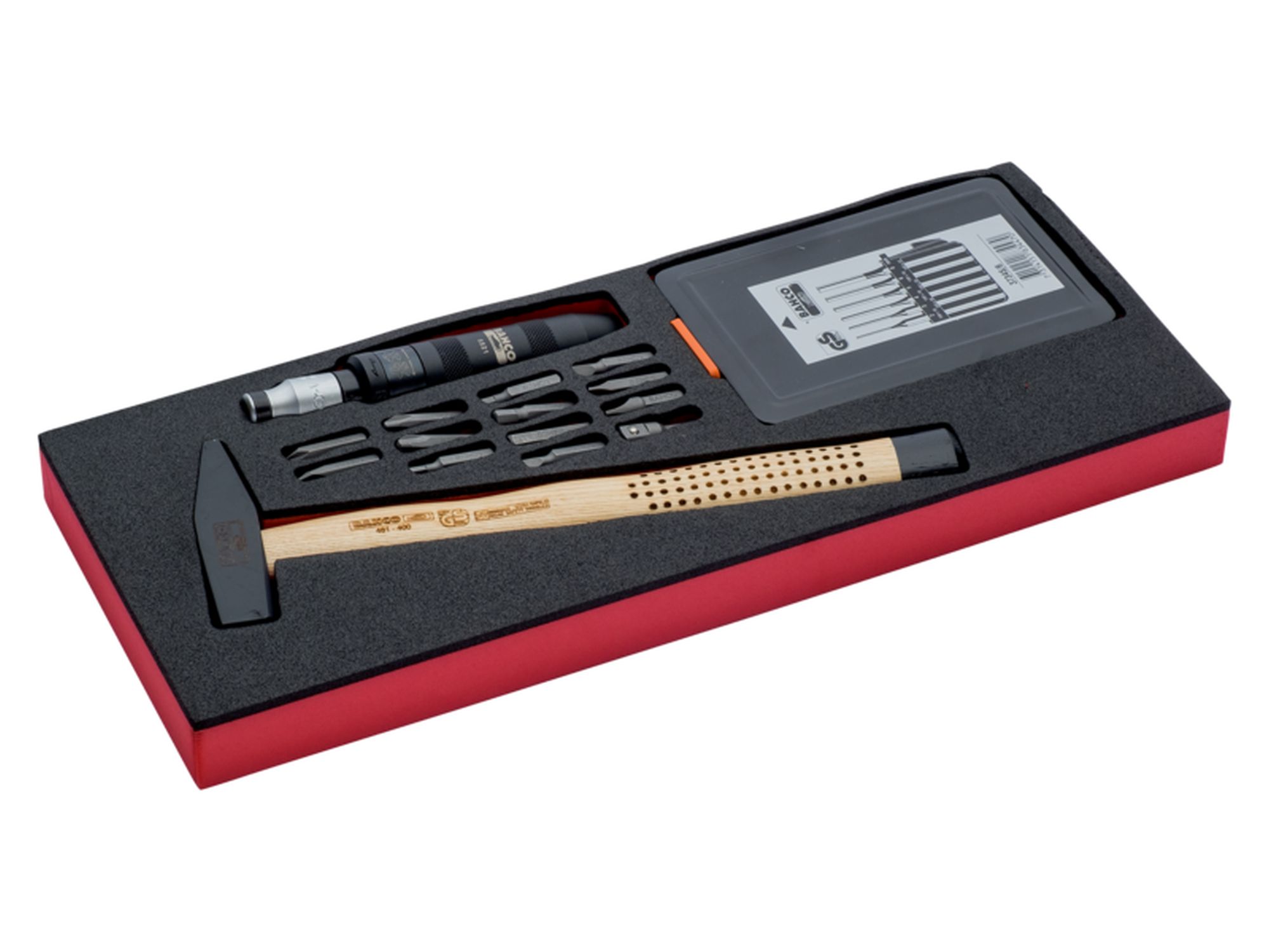 Juego de martillo, botadores y destornillador a golpe en bandeja de foam 1/3 Fit&Go (35 piezas)