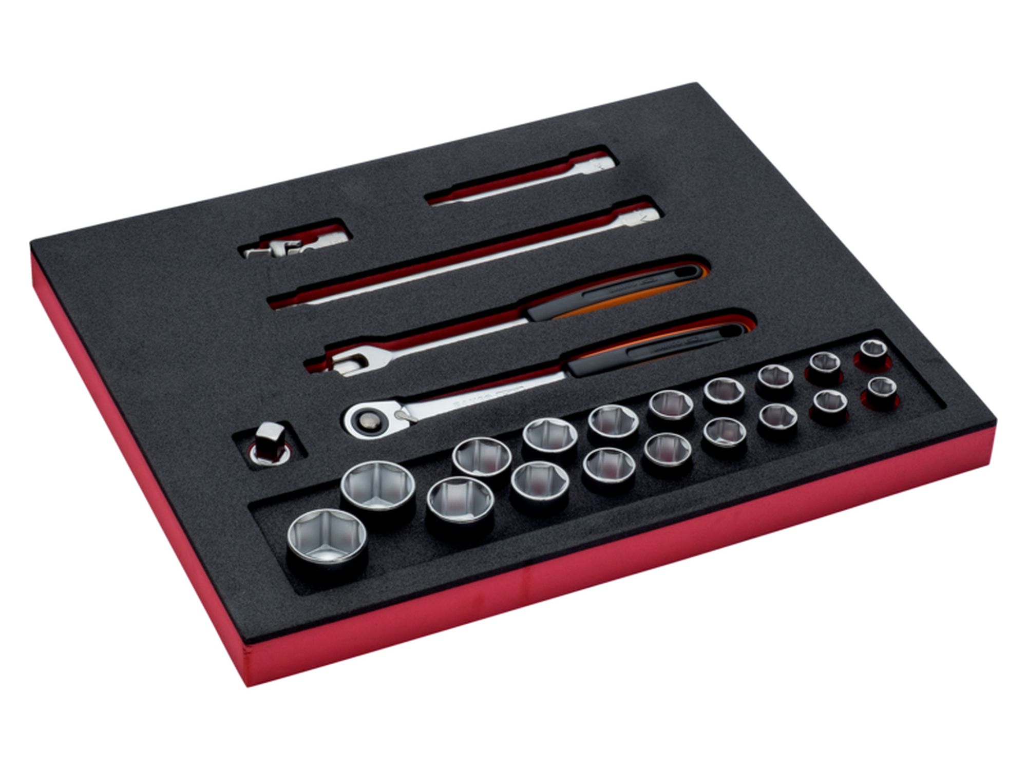 Juego de vasos y puntas con plato magnético en bandeja de foam 2/3 Fit&Go (53 piezas)