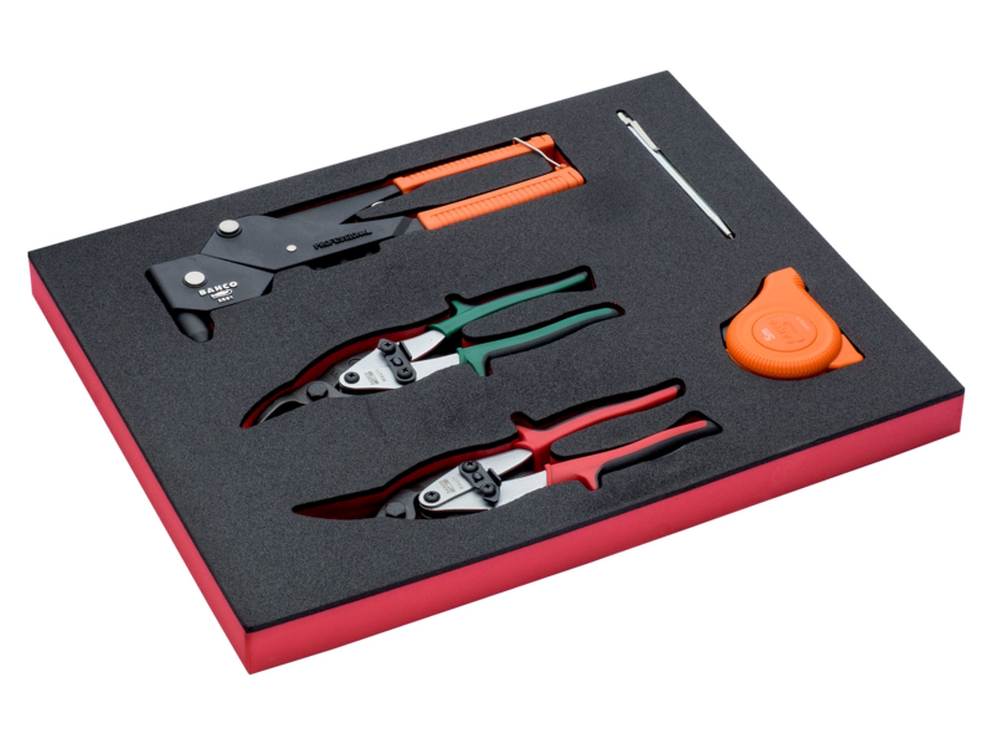 Juego de tijeras cortachapas, remachadora y cinta métrica en bandeja de foam 2/3 Fit&Go (5 piezas)