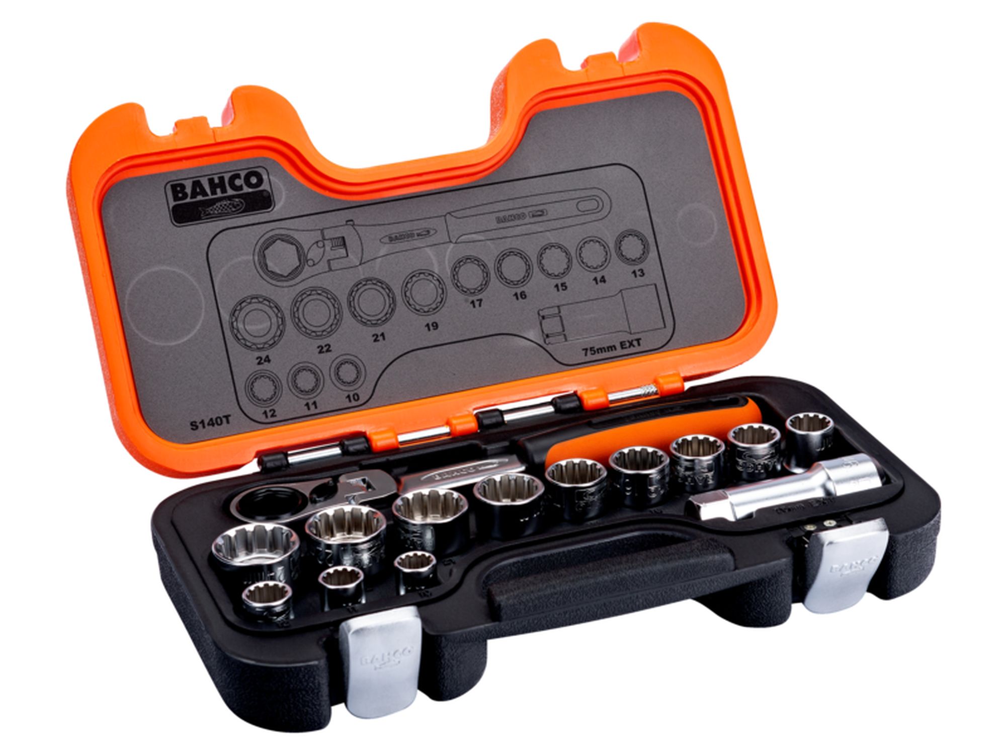 Juego de vasos pasantes con carraca articulada/alargaderas (14 piezas/maletín)