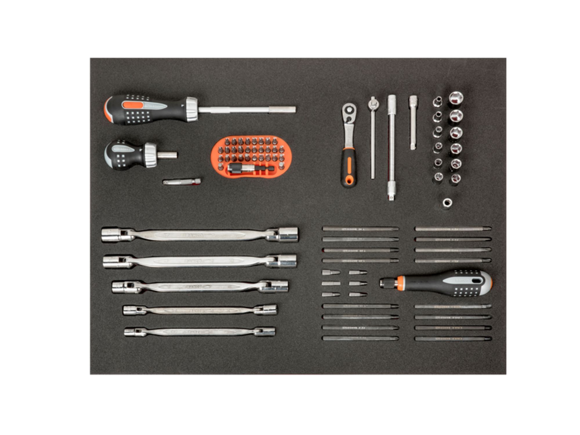 Juego de destornilladores/puntas/vasos en bandeja de foam 3/3 Fit&Go, 89 unidades