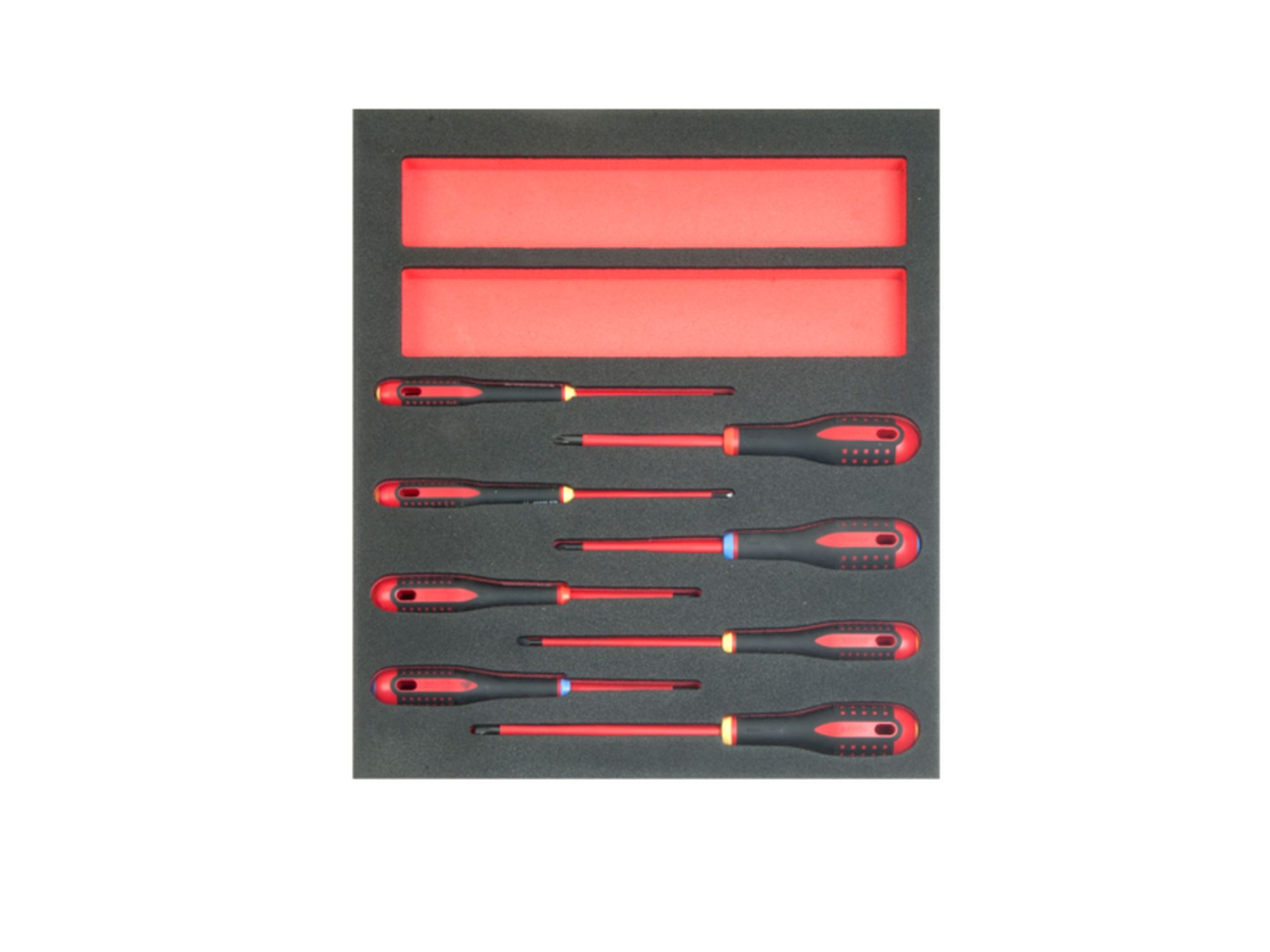 Juego de destornilladores ranurados, Phillips y Pozidriv en bandeja de foam 2/3 Fit&Go (8 piezas)