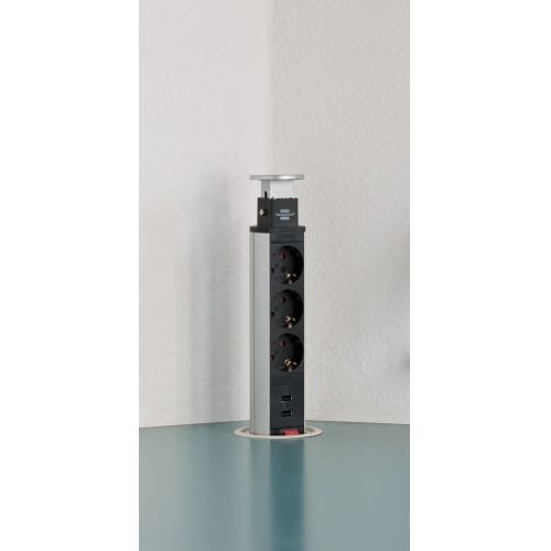 Base de tomas múltiples retráctil para mesas Tower Power con puertos USB