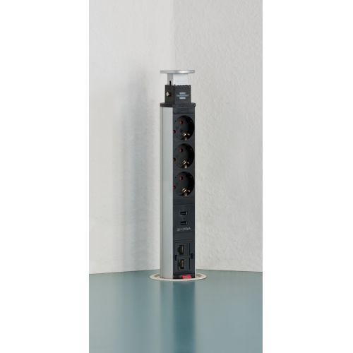 Base de tomas múltiples retráctil para mesas Tower Power con puertos USB y conexión LAN