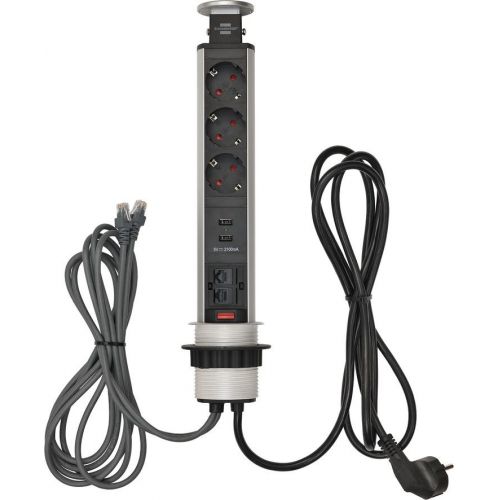 Base de tomas múltiples retráctil para mesas Tower Power con puertos USB y conexión LAN