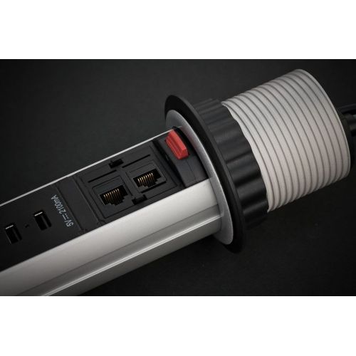 Base de tomas múltiples retráctil para mesas Tower Power con puertos USB y conexión LAN