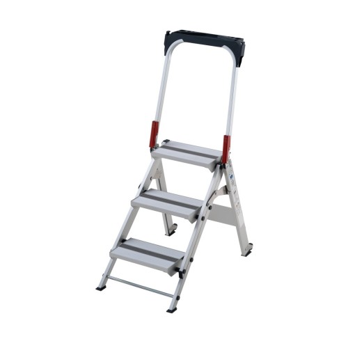 Taburete profesional plegable de aluminio EN 14183 con barandilla y ruedas