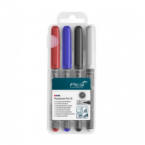 Estuche con 4 marcadores permanentes punta tipo bala medio (Azul+Rojo+Negro+Blanco)
