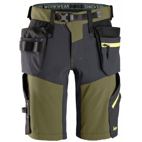 6140 Pantalones cortos de trabajo elásticos Softshell con bolsillos flotantes FlexiWork verde khaki-gris acero talla 52