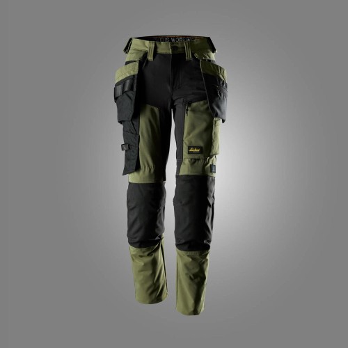 6217 Pantalones largos de trabajo elásticos para mujer AllroundWork Stretch con bolsillos flotantes desmontables color verde caqui / negro