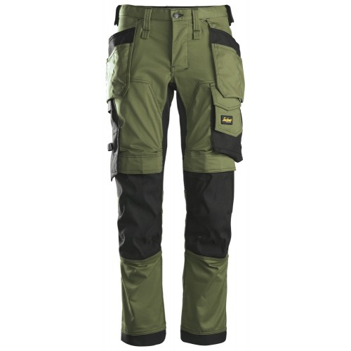 6241 Pantalones largos de trabajo elásticos AllroundWork Slim Fit con bolsillos flotantes color verde khaki/ negro
