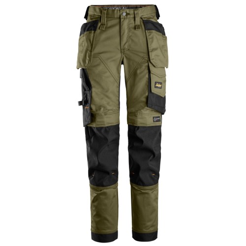 6247 Pantalones largos elásticos de trabajo para mujer AllroundWork Slim Fit con bolsillos flotantes color verde caqui / negro