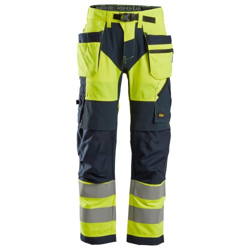 6932 Pantalones largos de trabajo de alta visibilidad clase 2 con bolsillos flotantes FlexiWork amarillo-azul marino talla 152