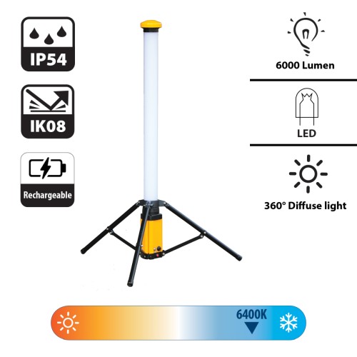 Luz LED 6.000 lm recargable en 360° sobre trípode y cargador rápido