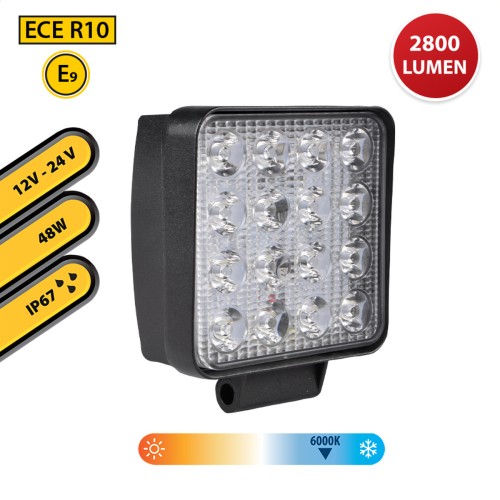Luz 12/24V cuadrada 48W, 2800 lm, IP67