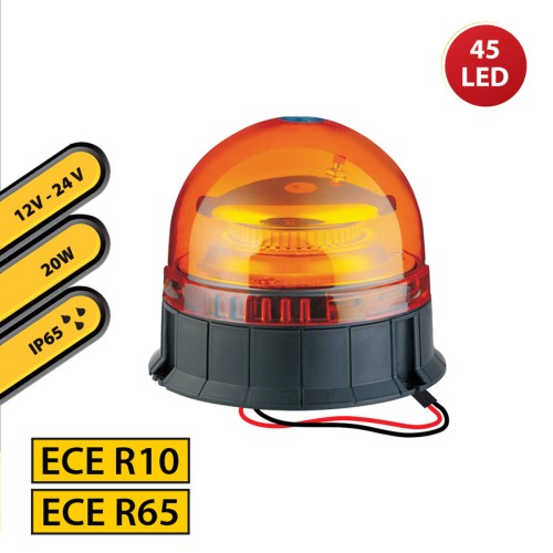 Baliza giratoria de 12/24 V con base plana y 2 cables 20W color naranja