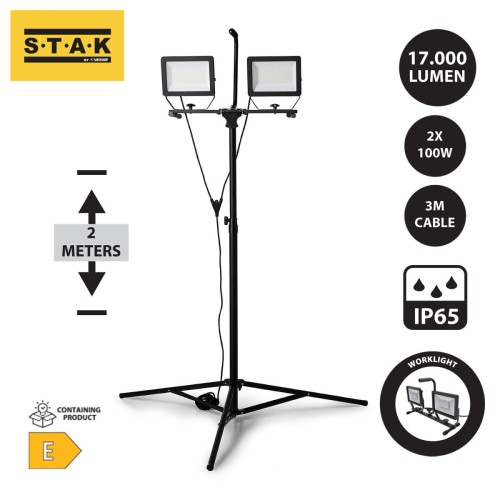Focos LED sobre trípode y cable de 3m, IP65 MINOS (2 x 100W, 17.000 lm)