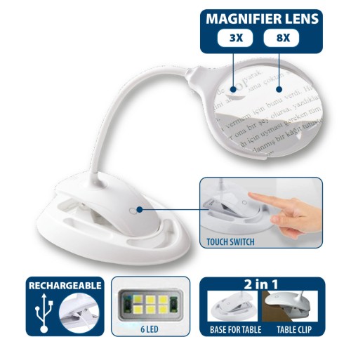 Lámpara LED con lente recargable 3X / 8X