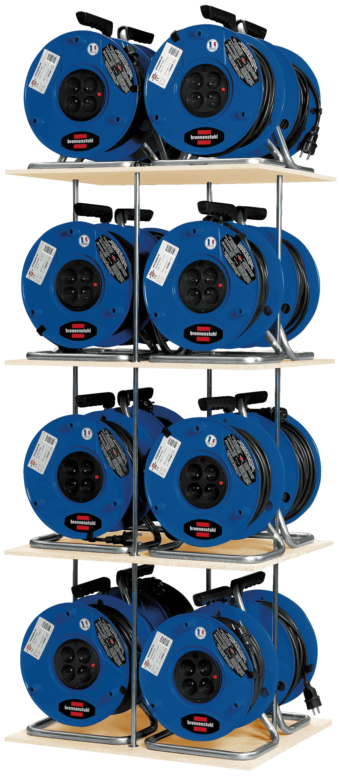 Expositor metálico para suelo con bandejas de madera