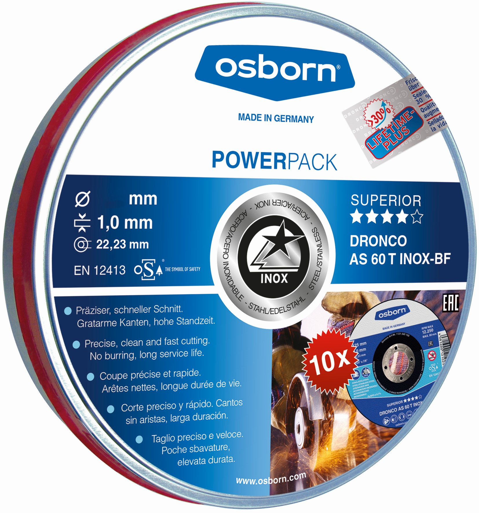 Lata sellada de 10 discos de corte metal 115 x 1,0 mm AS 60 T INOX Special Express Lifetime Plus