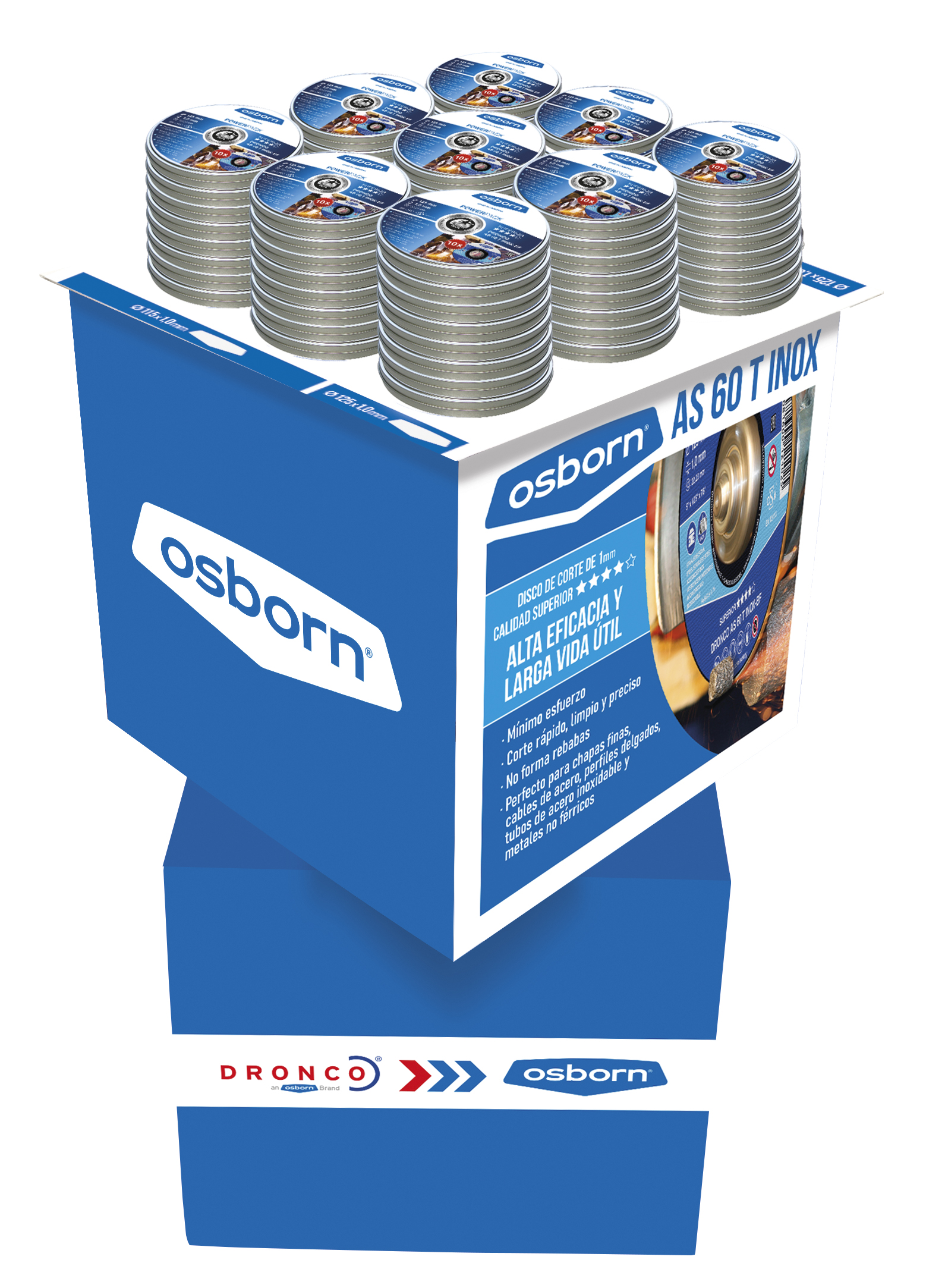 Expositor-mesa con forma de cubos para latas de discos de corte de 1 mm