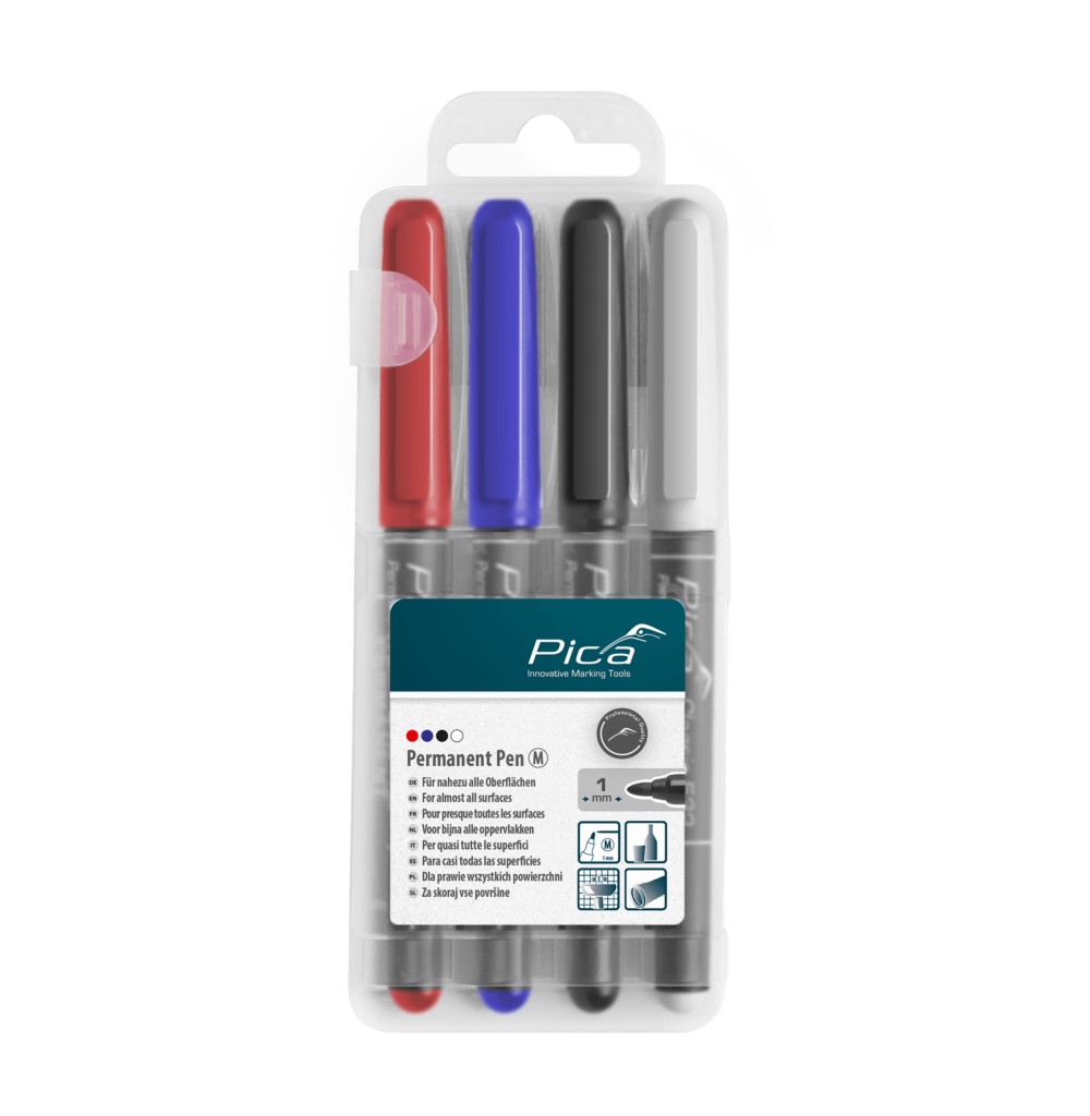 Estuche con 4 marcadores permanentes punta tipo bala medio (Azul+Rojo+Negro+Blanco)