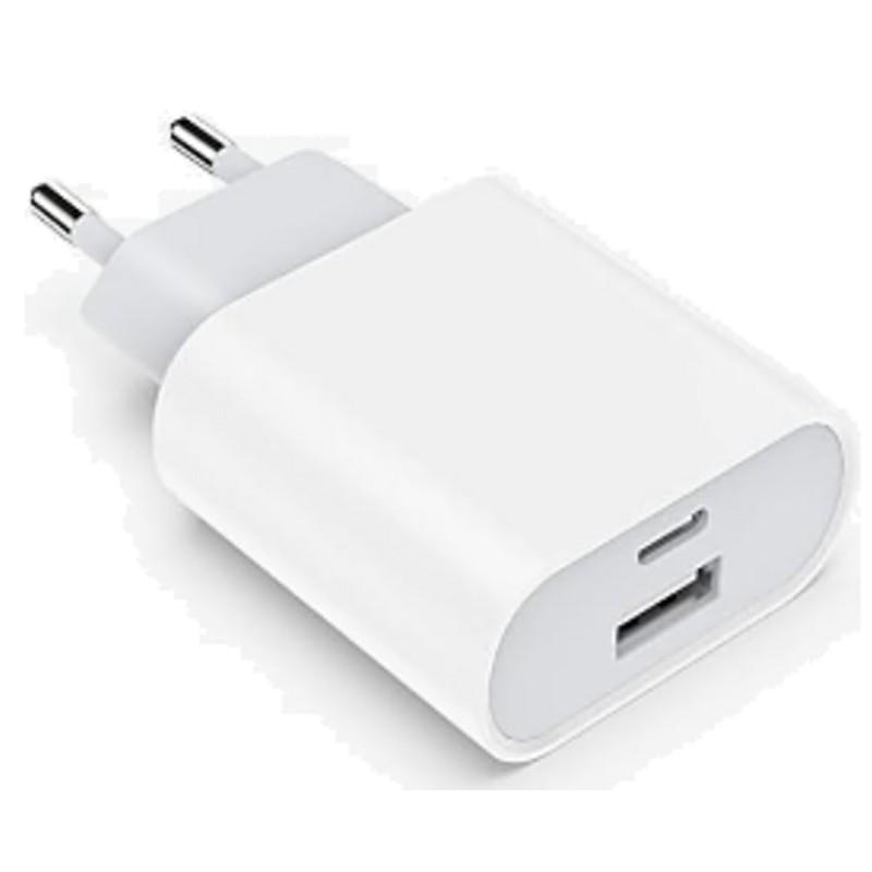 Cargador de 20 W CA/CC 220 V con salidas USB-A y USB-C blanco