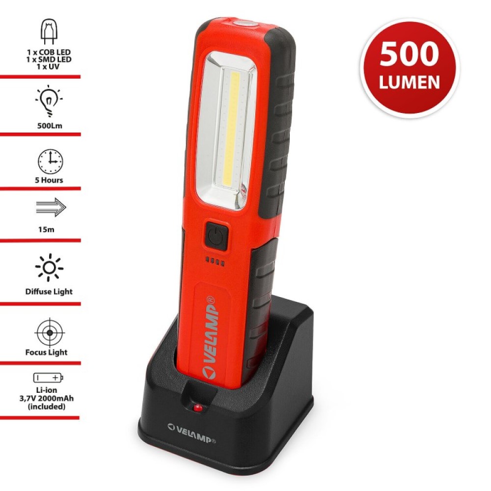 Luz de trabajo FONZIE 500 lúmenes con base de carga (LED + UV + linterna)