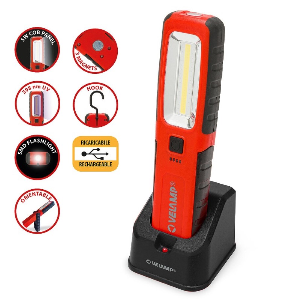 Luz de trabajo FONZIE 500 lúmenes con base de carga (LED + UV + linterna)