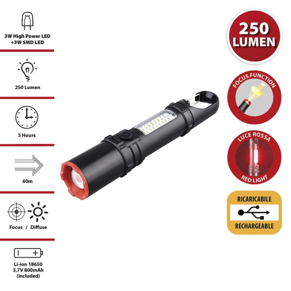 Linterna LED recargable 250 lm 3 W con zoom y luz lateral MAGNUM