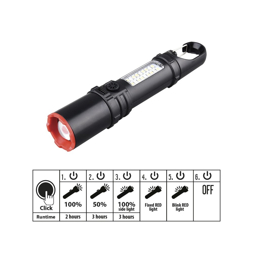 Linterna LED recargable 250 lm 3 W con zoom y luz lateral MAGNUM