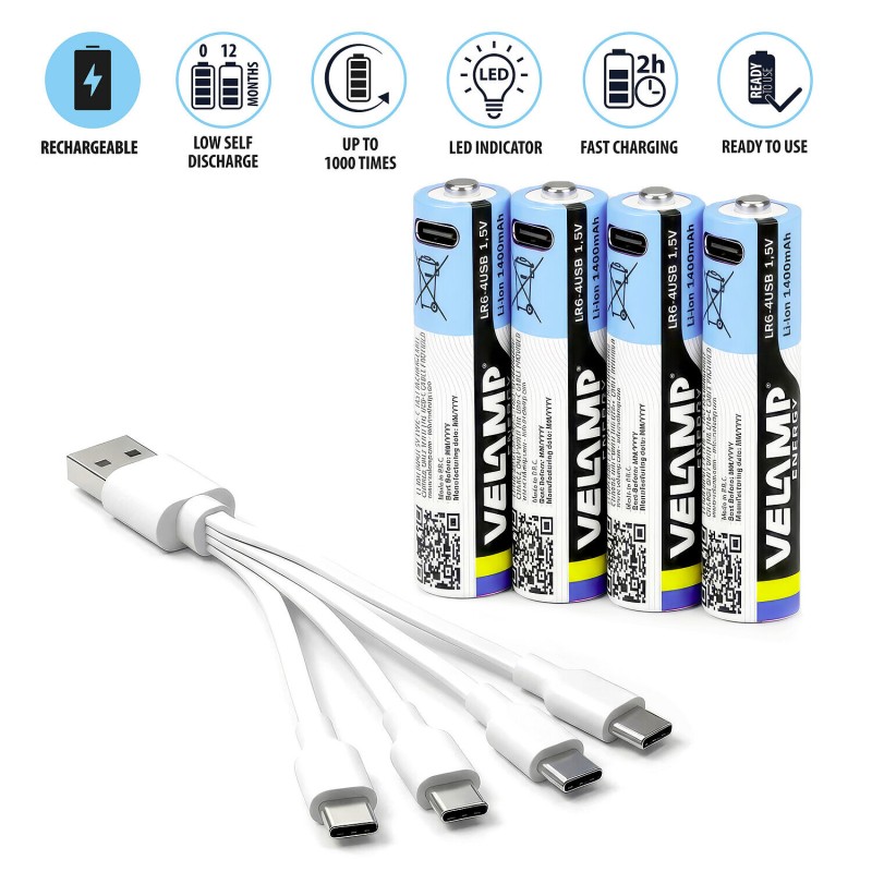 Pack de 4 pilas AA litio recargables USB-C 1400 mAh