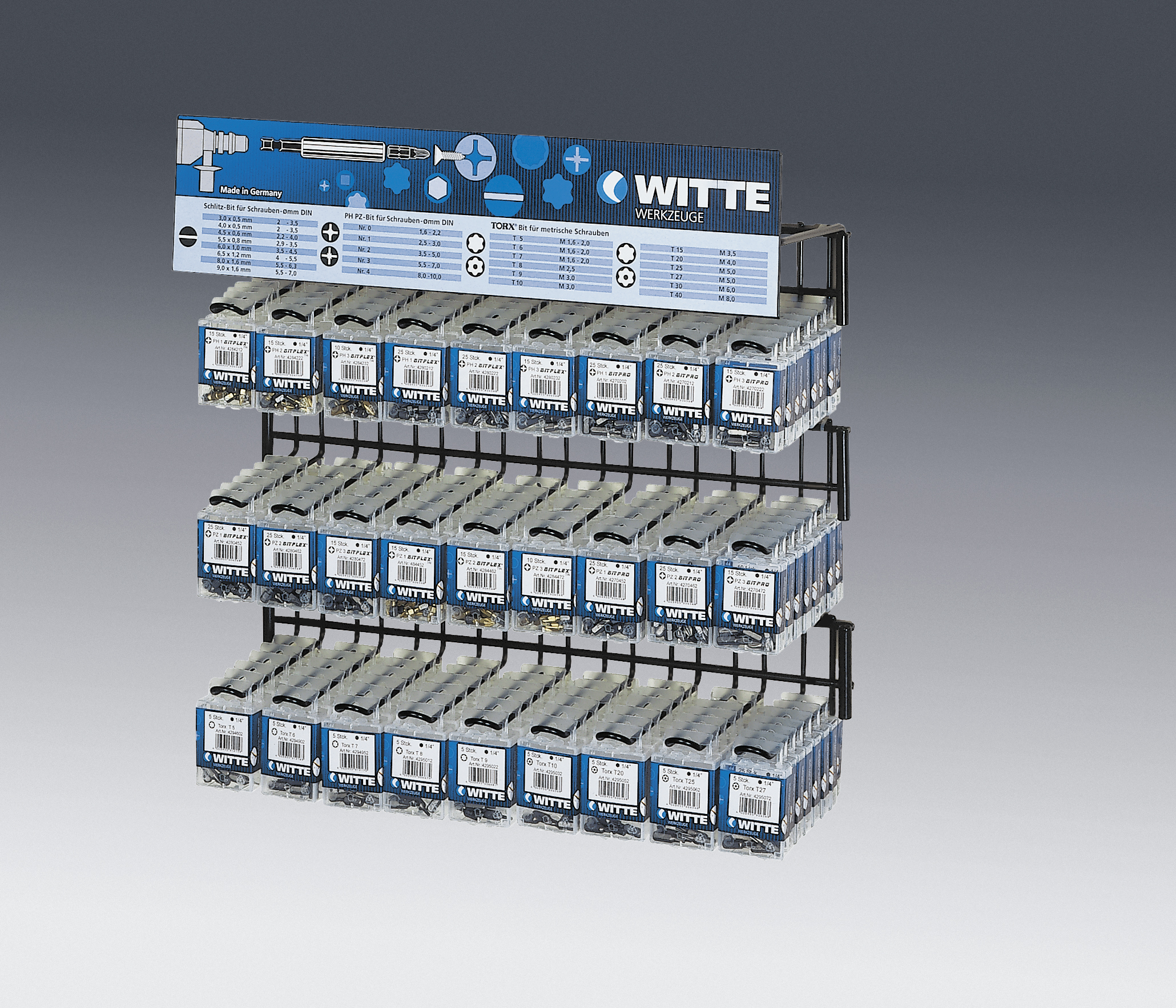 Expositor mural de cajitas plástico BITSBOX (9 ganchos con banderola)