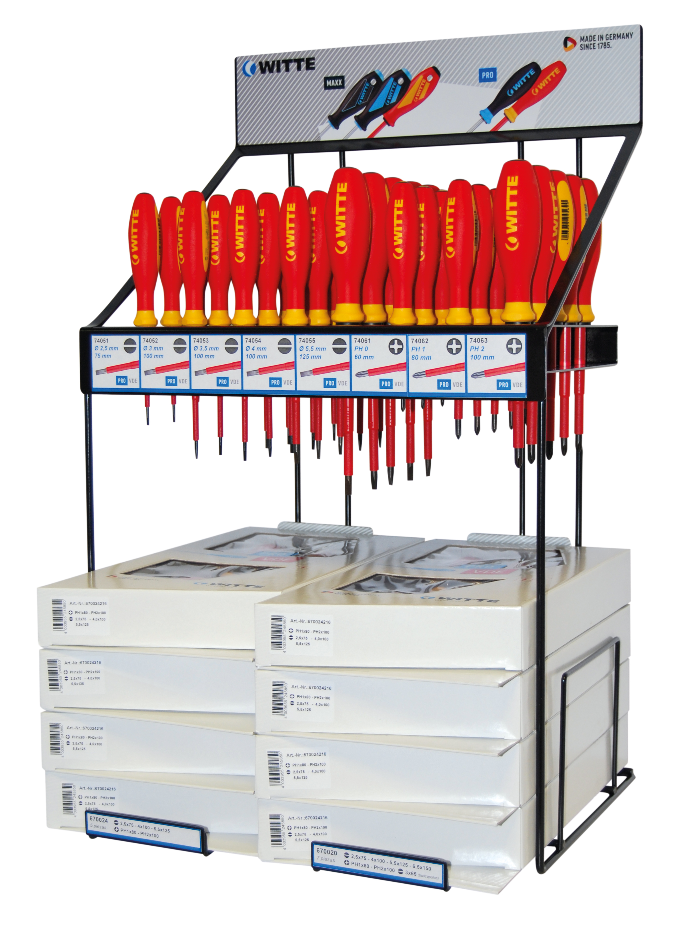 Expositor de sobremesa y de colgar con bandeja para juegos (40 piezas + 2 juegos)