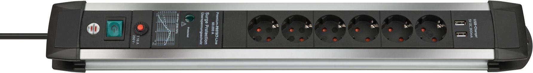 Base múltiple con protección contra sobretensión Premium-Protect-Line (6 tomas + 2 puertos USB)