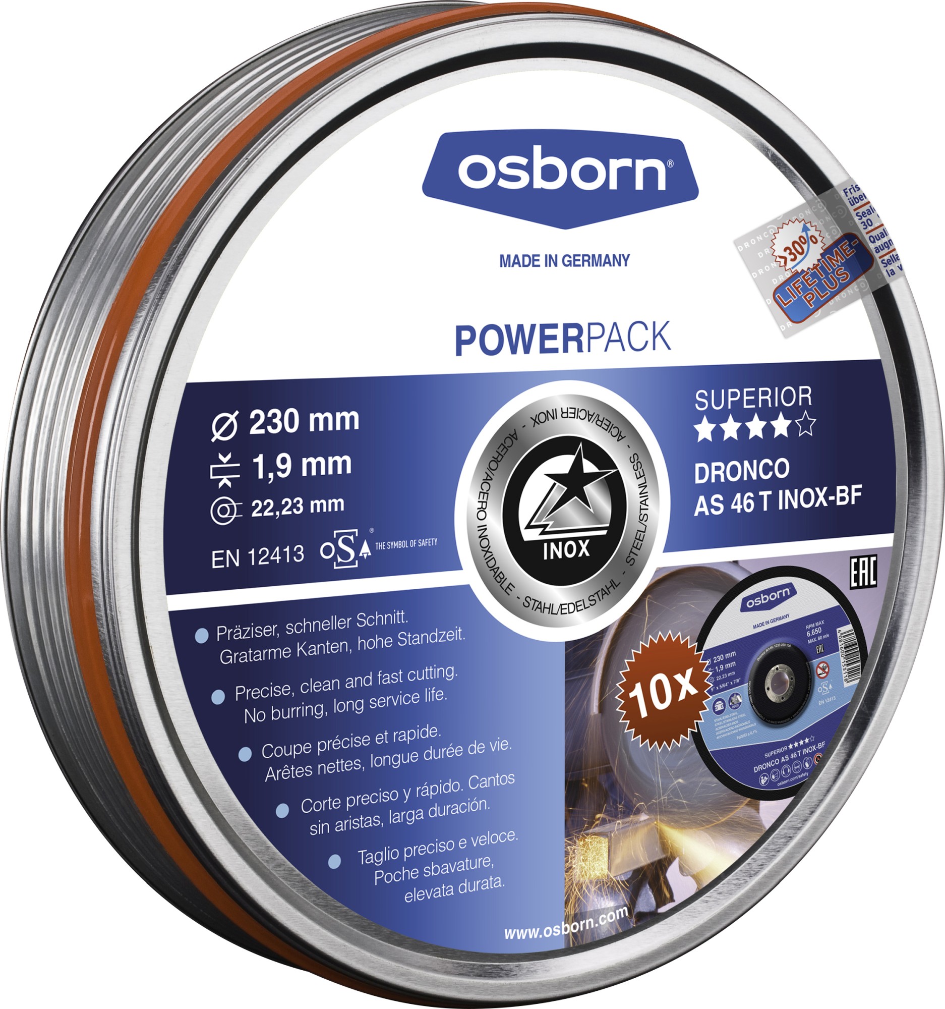 Lata sellada de 10 discos de corte metal 230 x 1,9 mm AS 60 T INOX Special Express Lifetime Plus